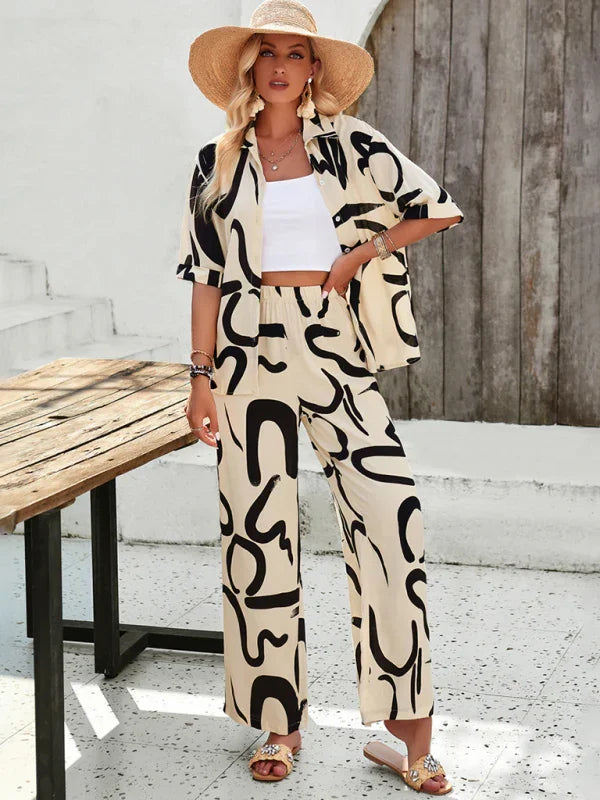 Olivia New women's casual fashion printed lapel Two pieces sets