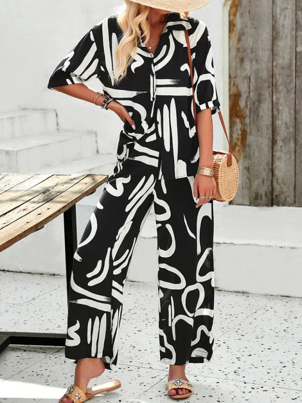 Olivia New women's casual fashion printed lapel Two pieces sets