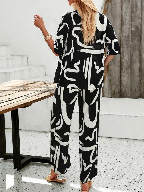 Olivia New women's casual fashion printed lapel Two pieces sets