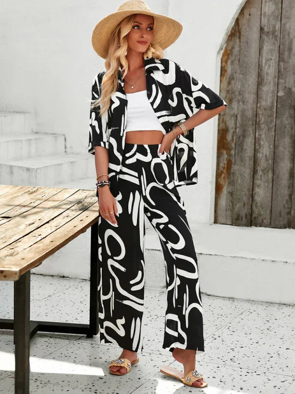 Olivia New women's casual fashion printed lapel Two pieces sets