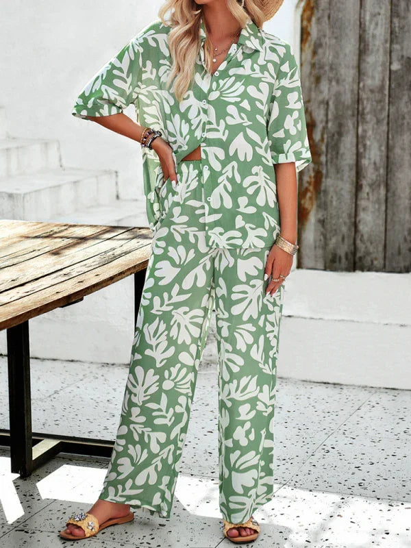 Olivia New women's casual fashion printed lapel Two pieces sets
