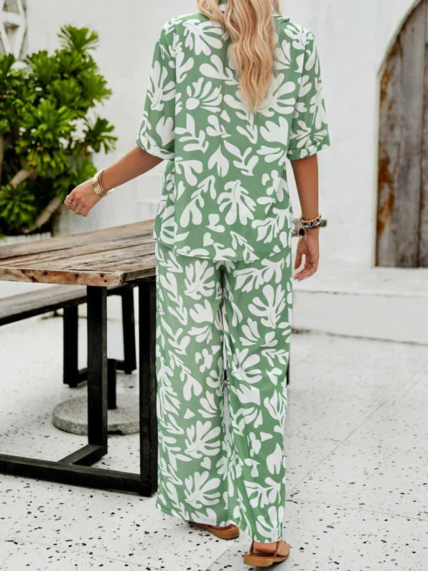 Olivia New women's casual fashion printed lapel Two pieces sets