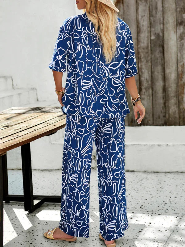 Olivia New women's casual fashion printed lapel Two pieces sets