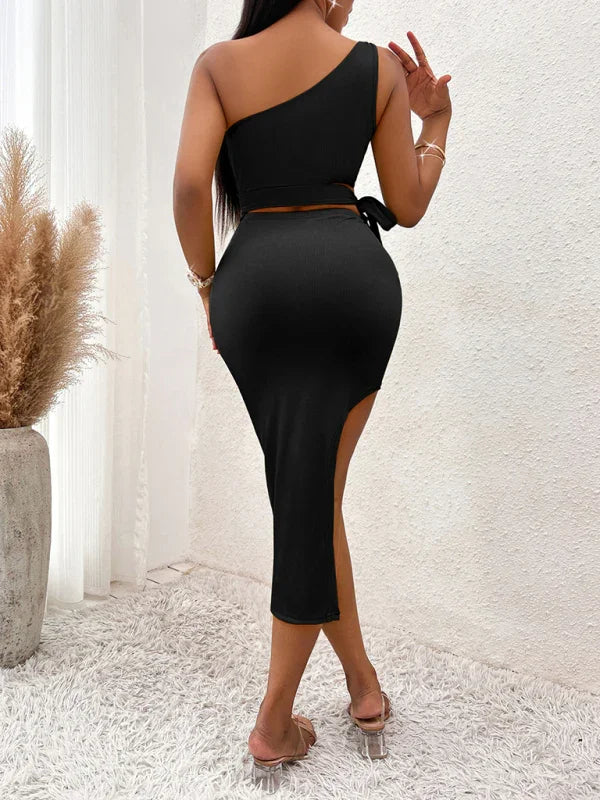 Camila Casual Solid Color Slope Neck Tied Waist Knitted Hip Dress