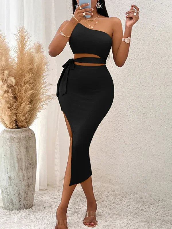 Camila Casual Solid Color Slope Neck Tied Waist Knitted Hip Dress