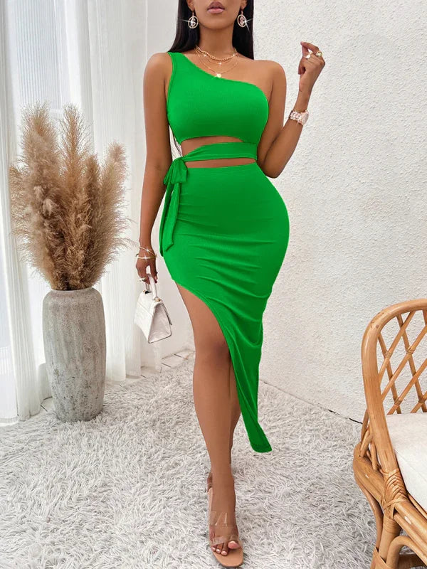 Camila Casual Solid Color Slope Neck Tied Waist Knitted Hip Dress