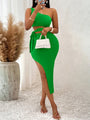 Camila Casual Solid Color Slope Neck Tied Waist Knitted Hip Dress