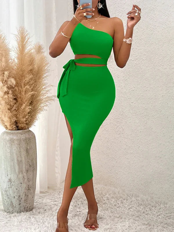 Camila Casual Solid Color Slope Neck Tied Waist Knitted Hip Dress