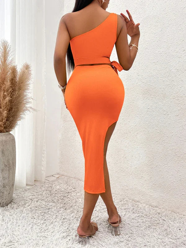 Camila Casual Solid Color Slope Neck Tied Waist Knitted Hip Dress