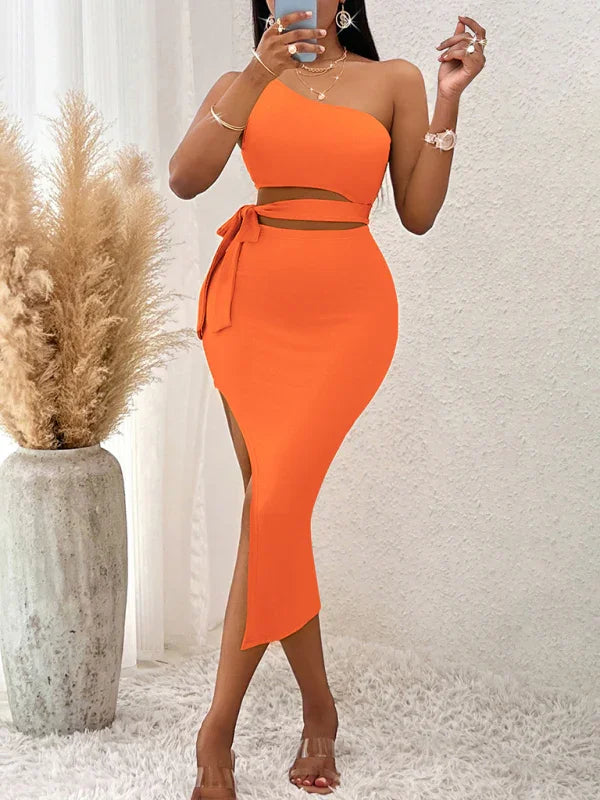 Camila Casual Solid Color Slope Neck Tied Waist Knitted Hip Dress