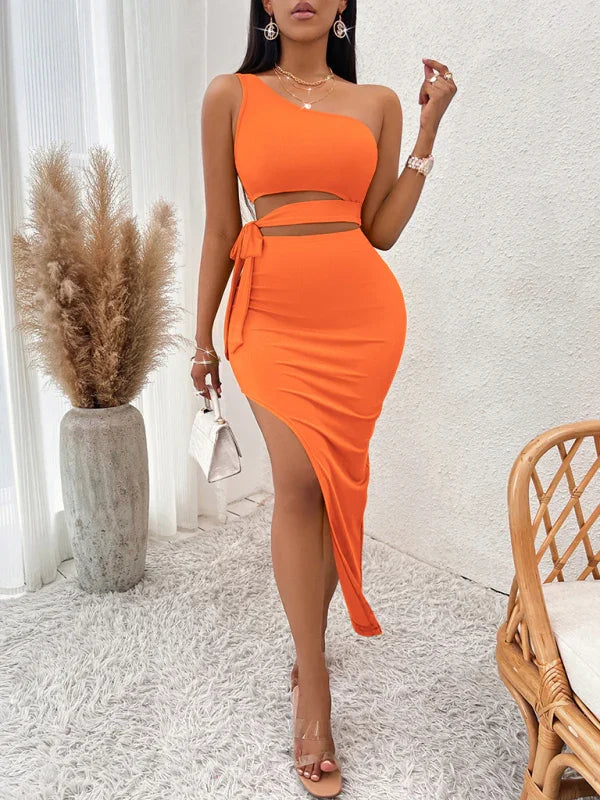 Camila Casual Solid Color Slope Neck Tied Waist Knitted Hip Dress