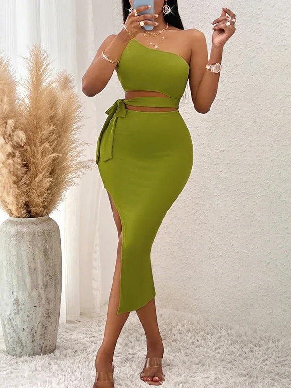 Camila Casual Solid Color Slope Neck Tied Waist Knitted Hip Dress
