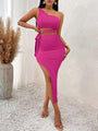 Camila Casual Solid Color Slope Neck Tied Waist Knitted Hip Dress