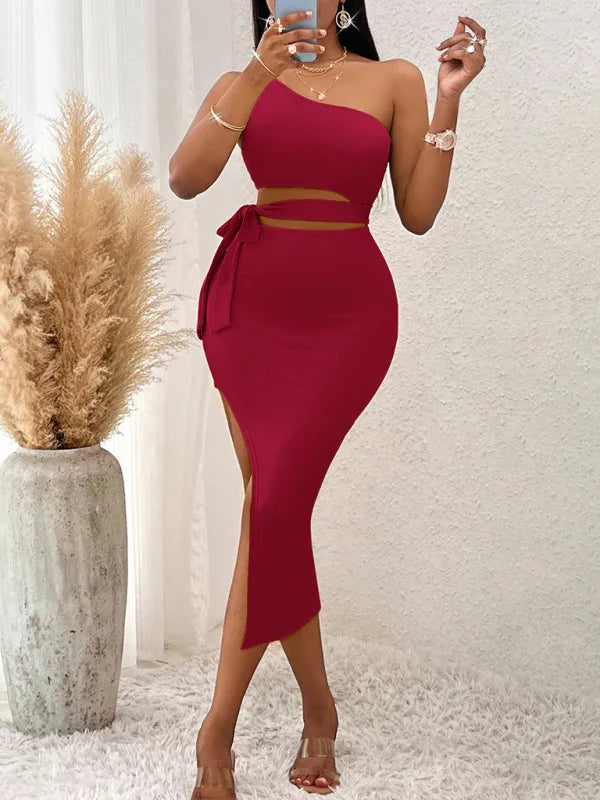 Camila Casual Solid Color Slope Neck Tied Waist Knitted Hip Dress