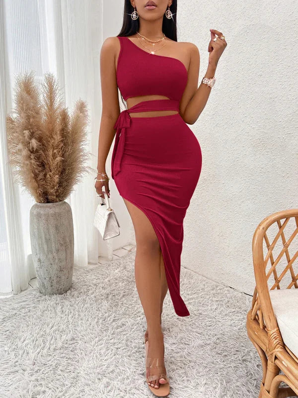 Camila Casual Solid Color Slope Neck Tied Waist Knitted Hip Dress