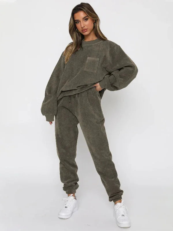 Sophia Women's New Corduroy Solid Color Round Two Pieces Sets