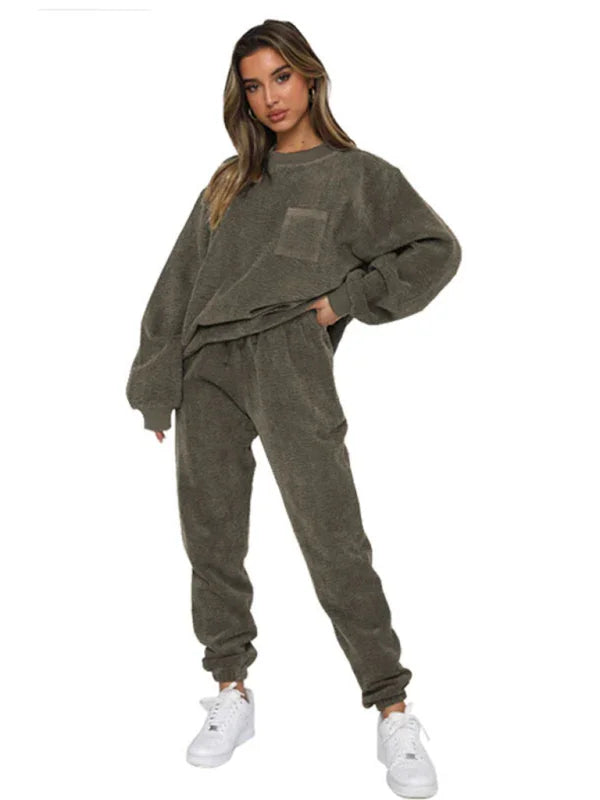 Sophia Women's New Corduroy Solid Color Round Two Pieces Sets