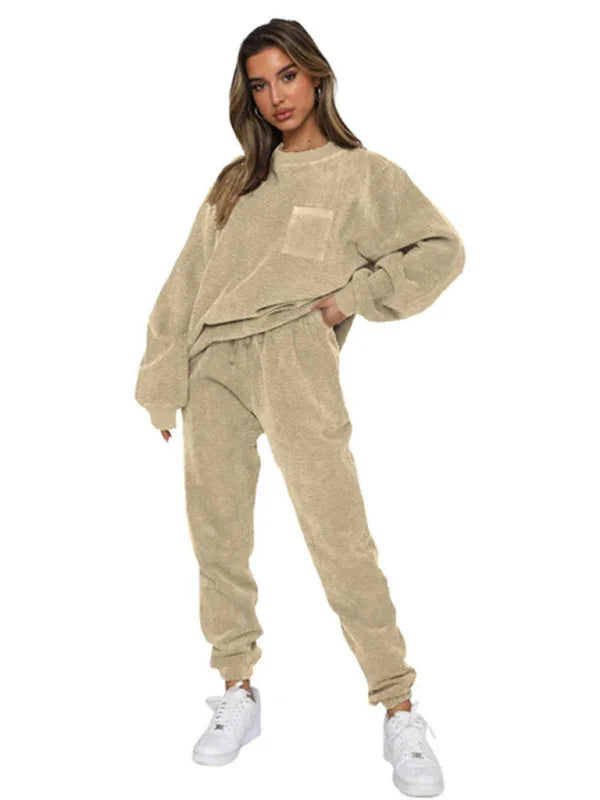 Sophia Women's New Corduroy Solid Color Round Two Pieces Sets