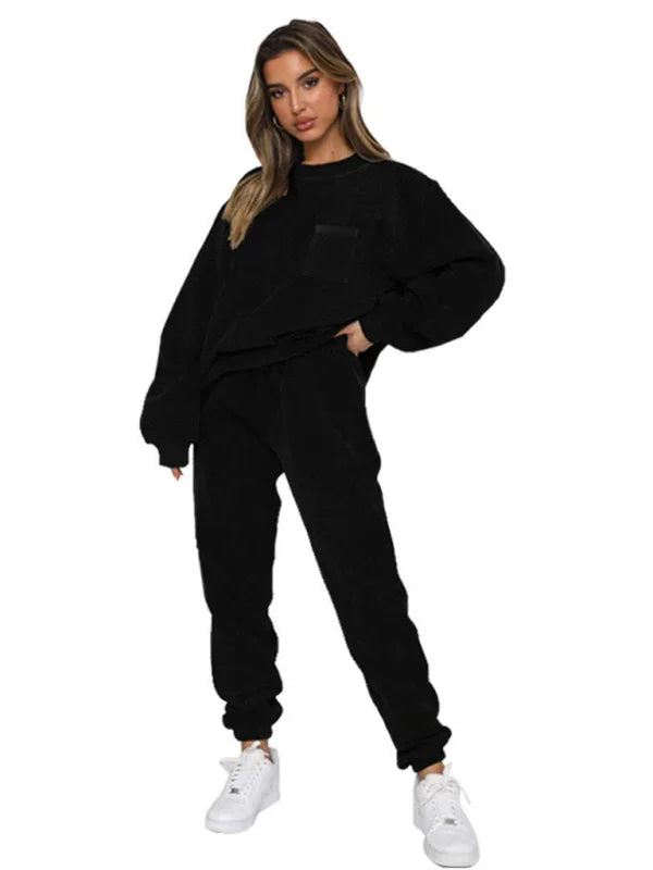 Sophia Women's New Corduroy Solid Color Round Two Pieces Sets