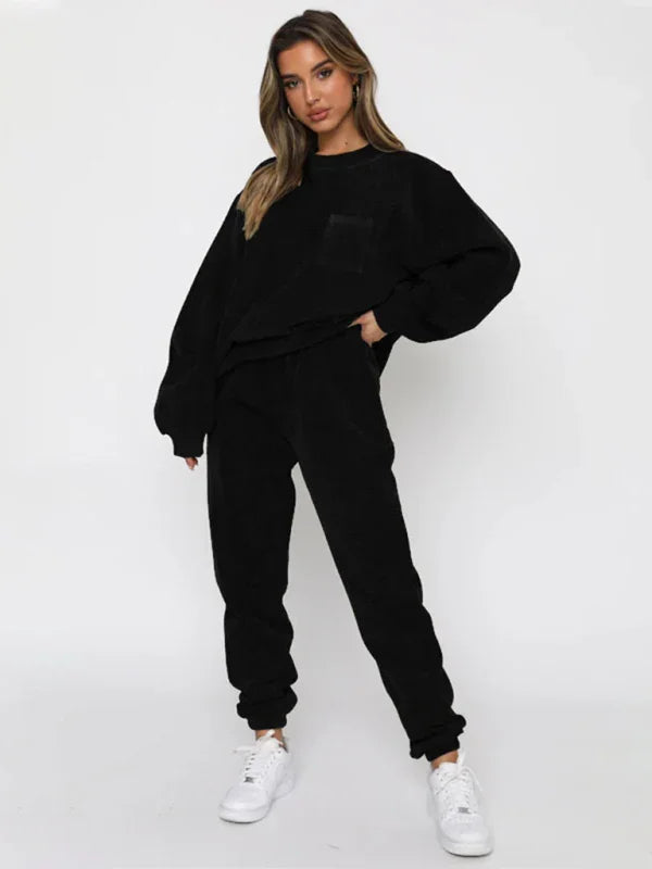 Sophia Women's New Corduroy Solid Color Round Two Pieces Sets