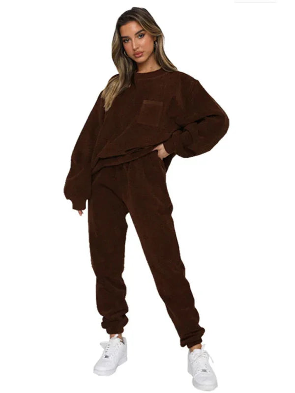Sophia Women's New Corduroy Solid Color Round Two Pieces Sets