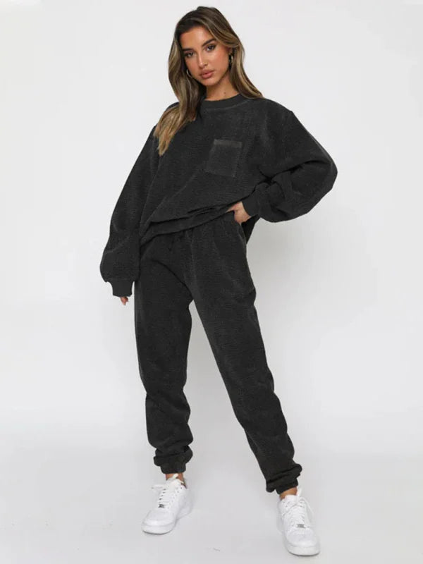 Sophia Women's New Corduroy Solid Color Round Two Pieces Sets
