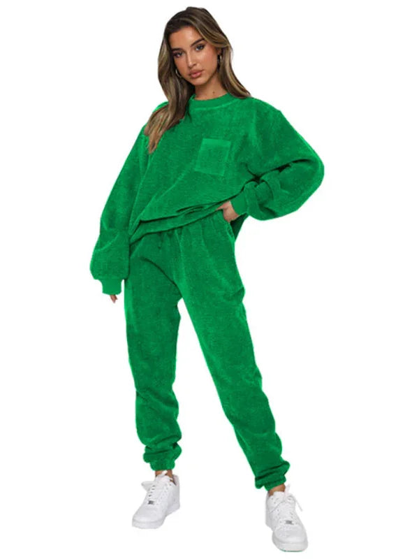 Sophia Women's New Corduroy Solid Color Round Two Pieces Sets