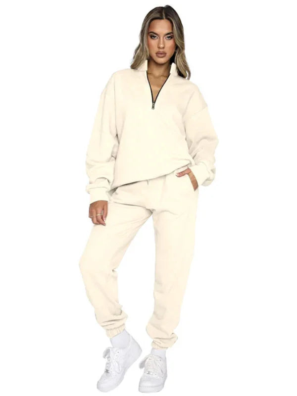Sophia Women's new solid color stand-up collar zipper Two Pieces sets
