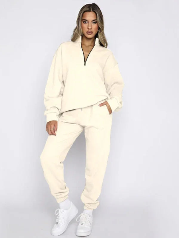 Sophia Women's new solid color stand-up collar zipper Two Pieces sets