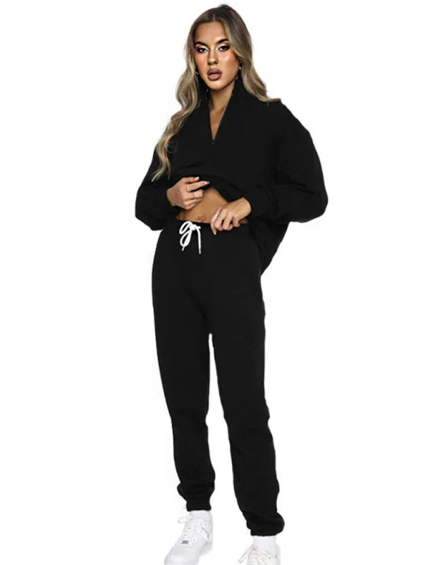 Sophia Women's new solid color stand-up collar zipper Two Pieces sets