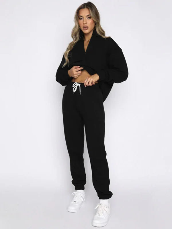 Sophia Women's new solid color stand-up collar zipper Two Pieces sets