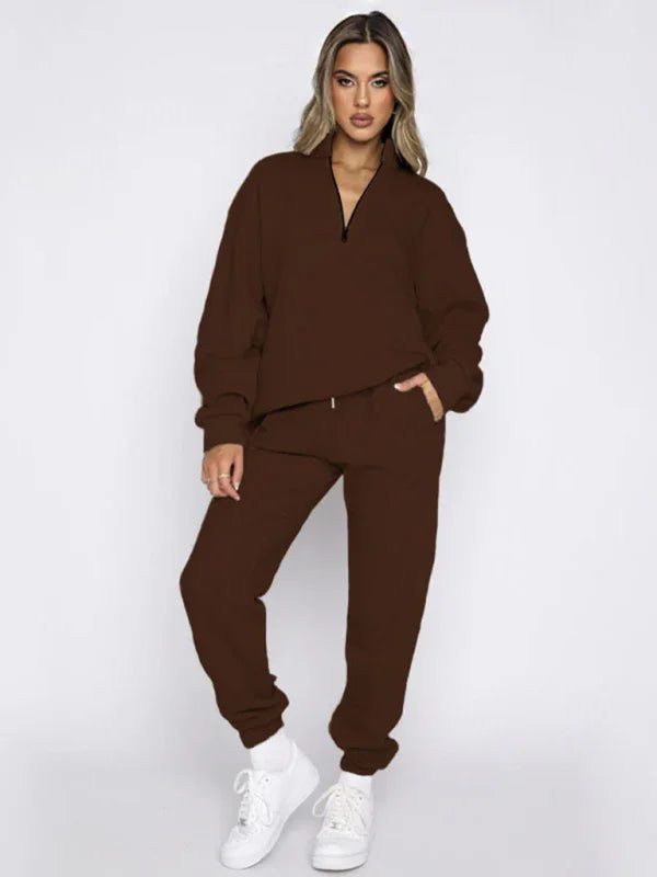 Sophia Women's new solid color stand-up collar zipper Two Pieces sets
