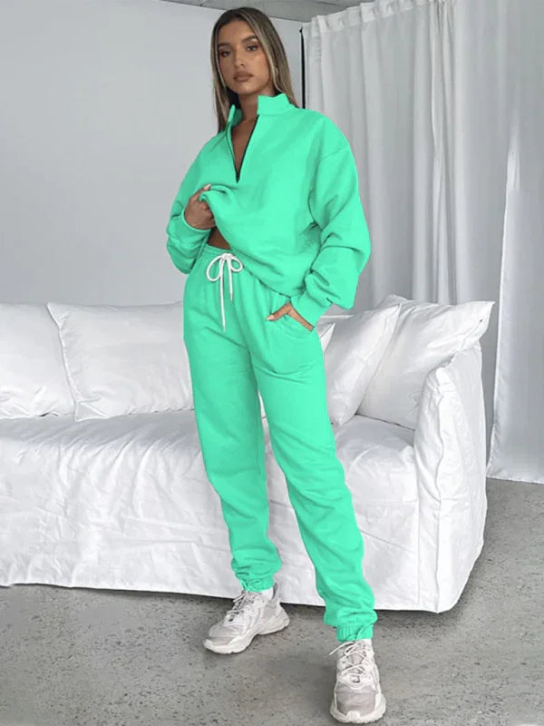 Sophia Women's new solid color stand-up collar zipper Two Pieces sets