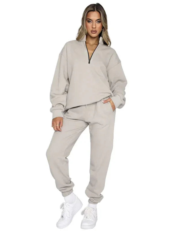 Sophia Women's new solid color stand-up collar zipper Two Pieces sets