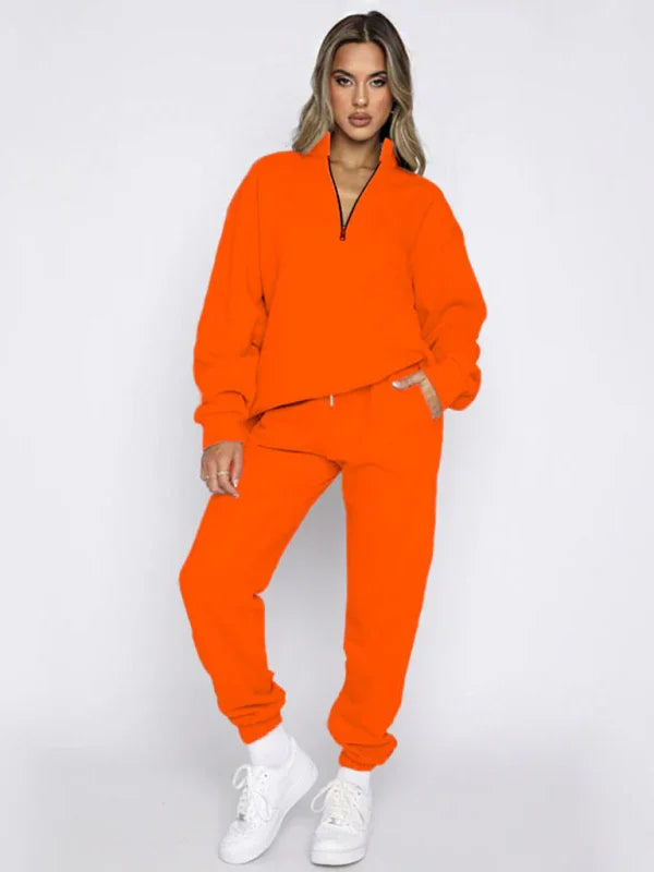 Sophia Women's new solid color stand-up collar zipper Two Pieces sets