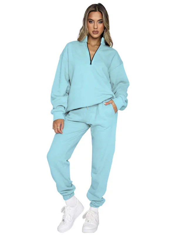 Sophia Women's new solid color stand-up collar zipper Two Pieces sets