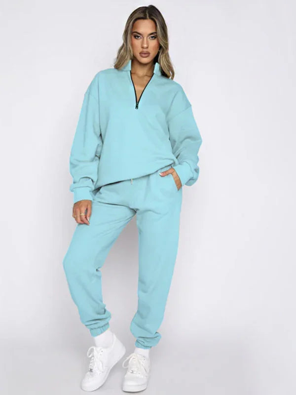 Sophia Women's new solid color stand-up collar zipper Two Pieces sets