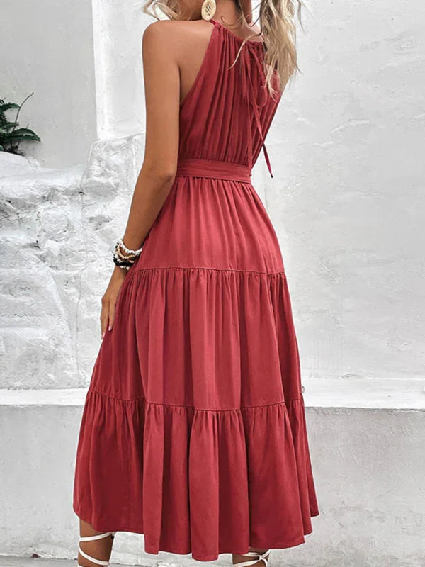 Sophia Fashionable Halter Neck Solid Color Mid Length Dress