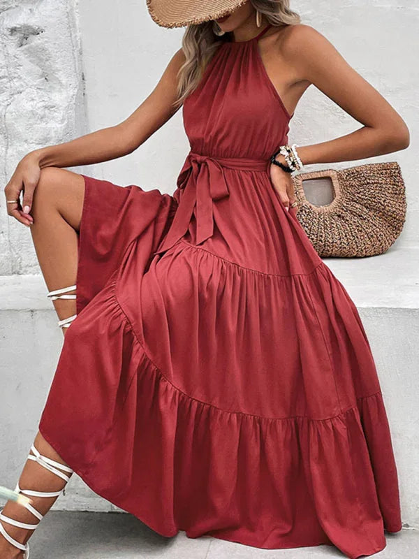 Sophia Fashionable Halter Neck Solid Color Mid Length Dress