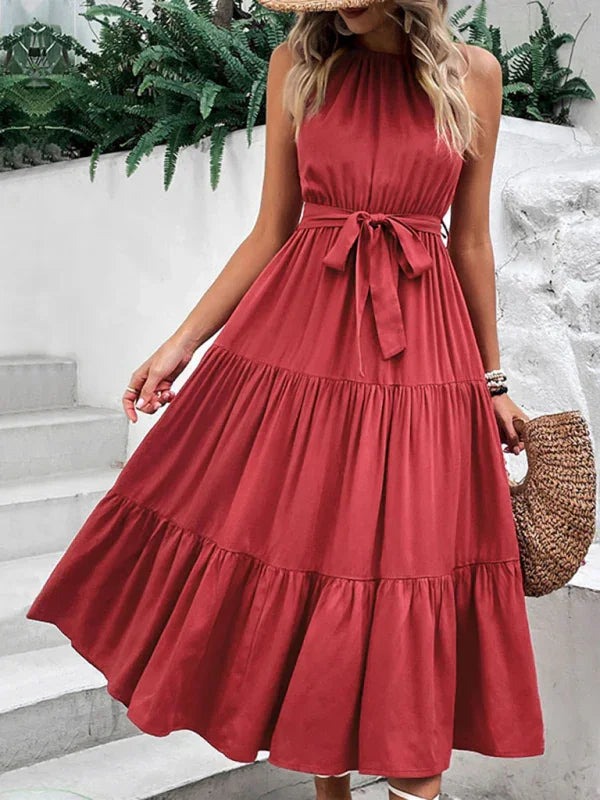 Sophia Fashionable Halter Neck Solid Color Mid Length Dress