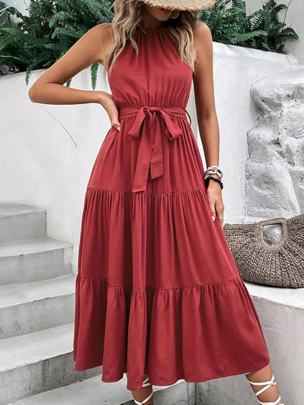 Sophia Fashionable Halter Neck Solid Color Mid Length Dress