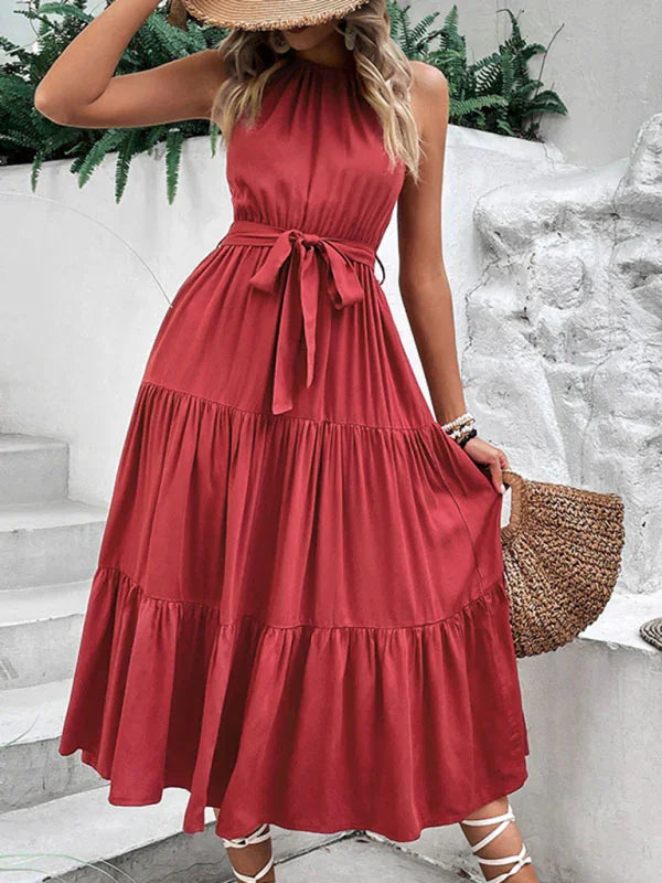 Sophia Fashionable Halter Neck Solid Color Mid Length Dress
