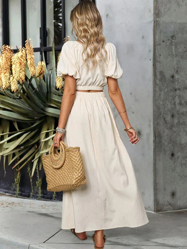 Abigail Women's new solid color V-neck sleeved Two pieces sets