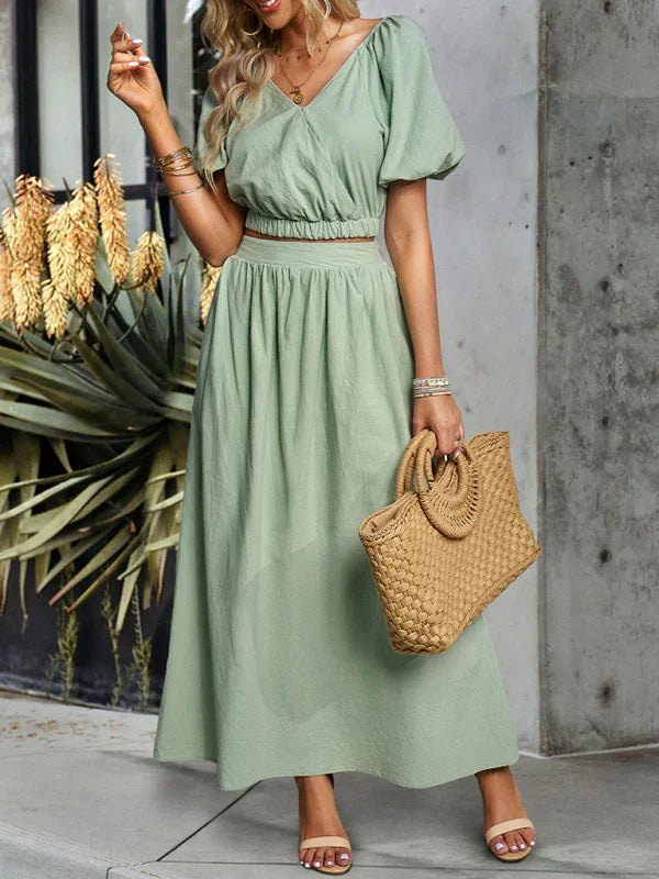 Abigail Women's new solid color V-neck sleeved Two pieces sets