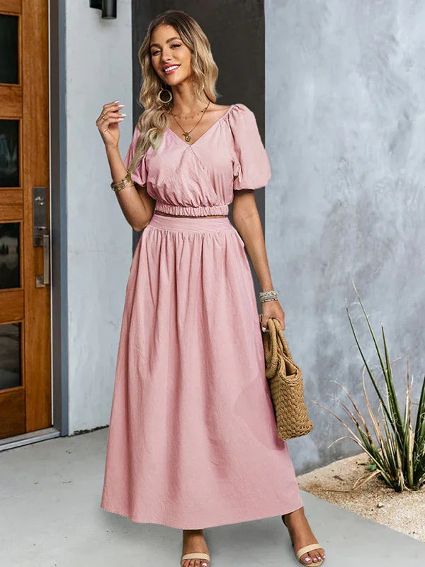 Abigail Women's new solid color V-neck sleeved Two pieces sets