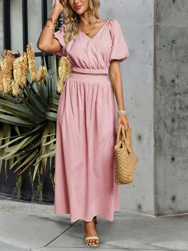 Abigail Women's new solid color V-neck sleeved Two pieces sets