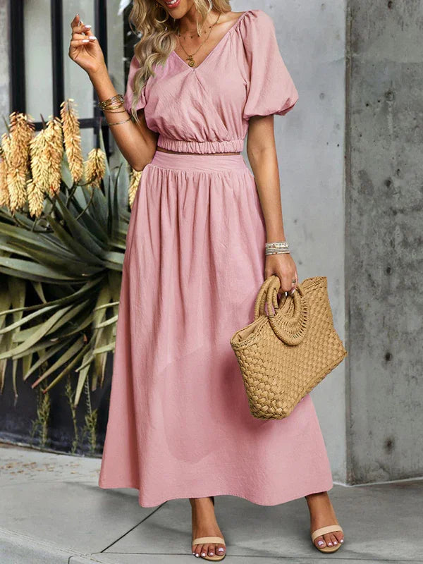 Abigail Women's new solid color V-neck sleeved Two pieces sets