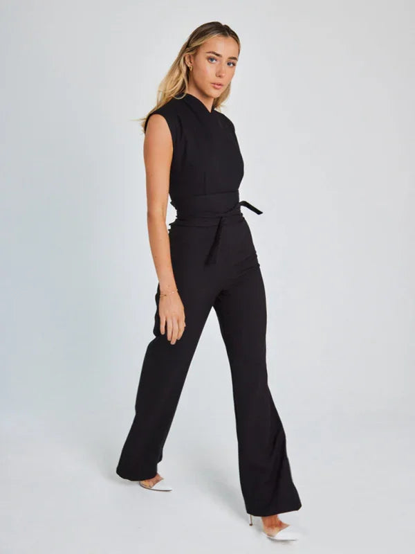 Luara strapped waist solid color V-neck sleeveless wide-leg jumpsuits