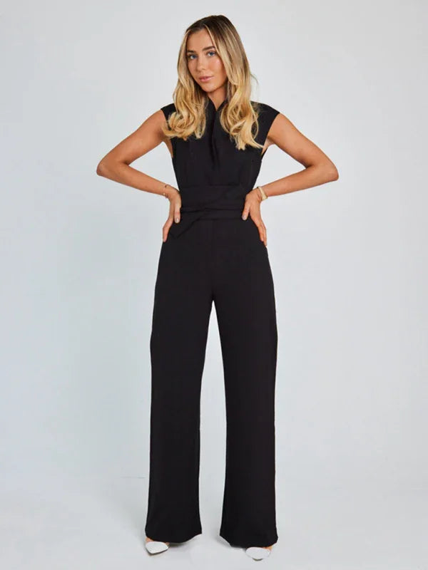 Luara strapped waist solid color V-neck sleeveless wide-leg jumpsuits