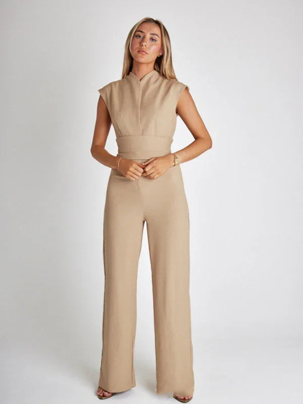 Luara strapped waist solid color V-neck sleeveless wide-leg jumpsuits
